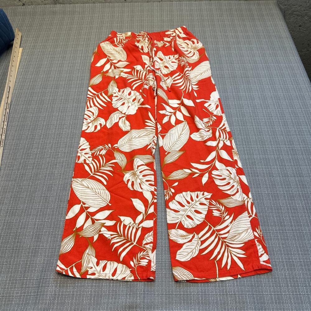 MONTEAU Tropical Leaf Print Wide Leg Pants Small Linen Blend Orange White Resort